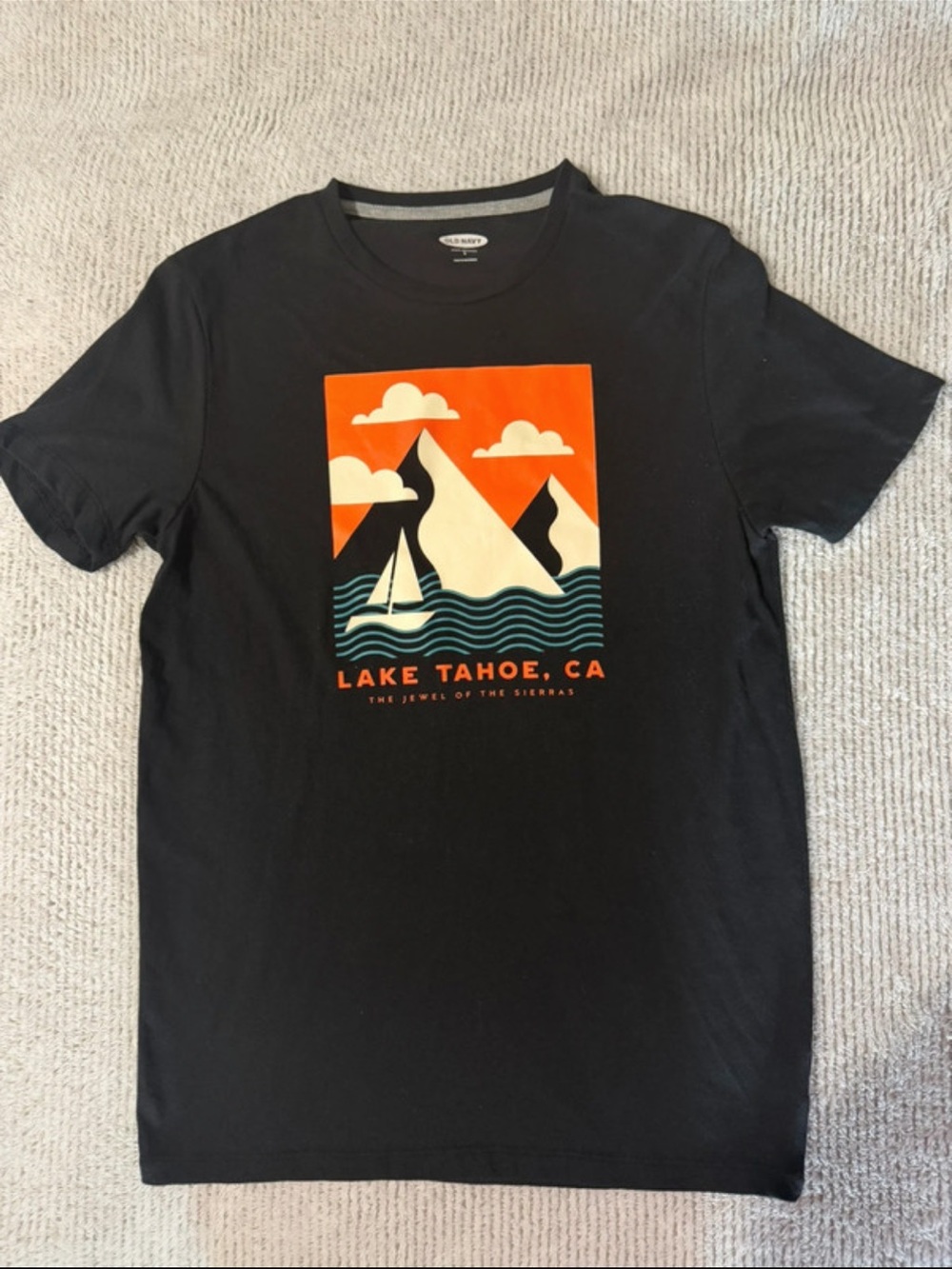 Old Navy Black Lake Tahoe Graphic Tee with Orange and Cream Print